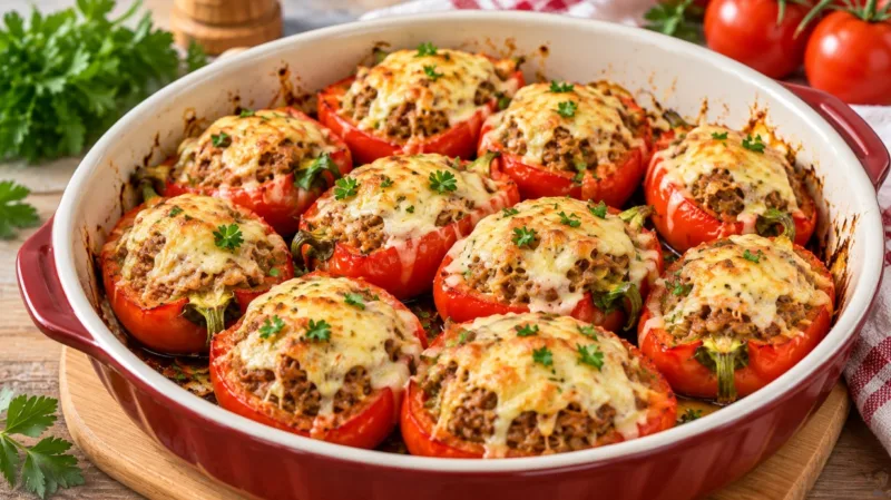 Запеченные половинки болгарского перца с начинкой из мясного фарша и кукурузы под румяной корочкой из расплавленного сыра